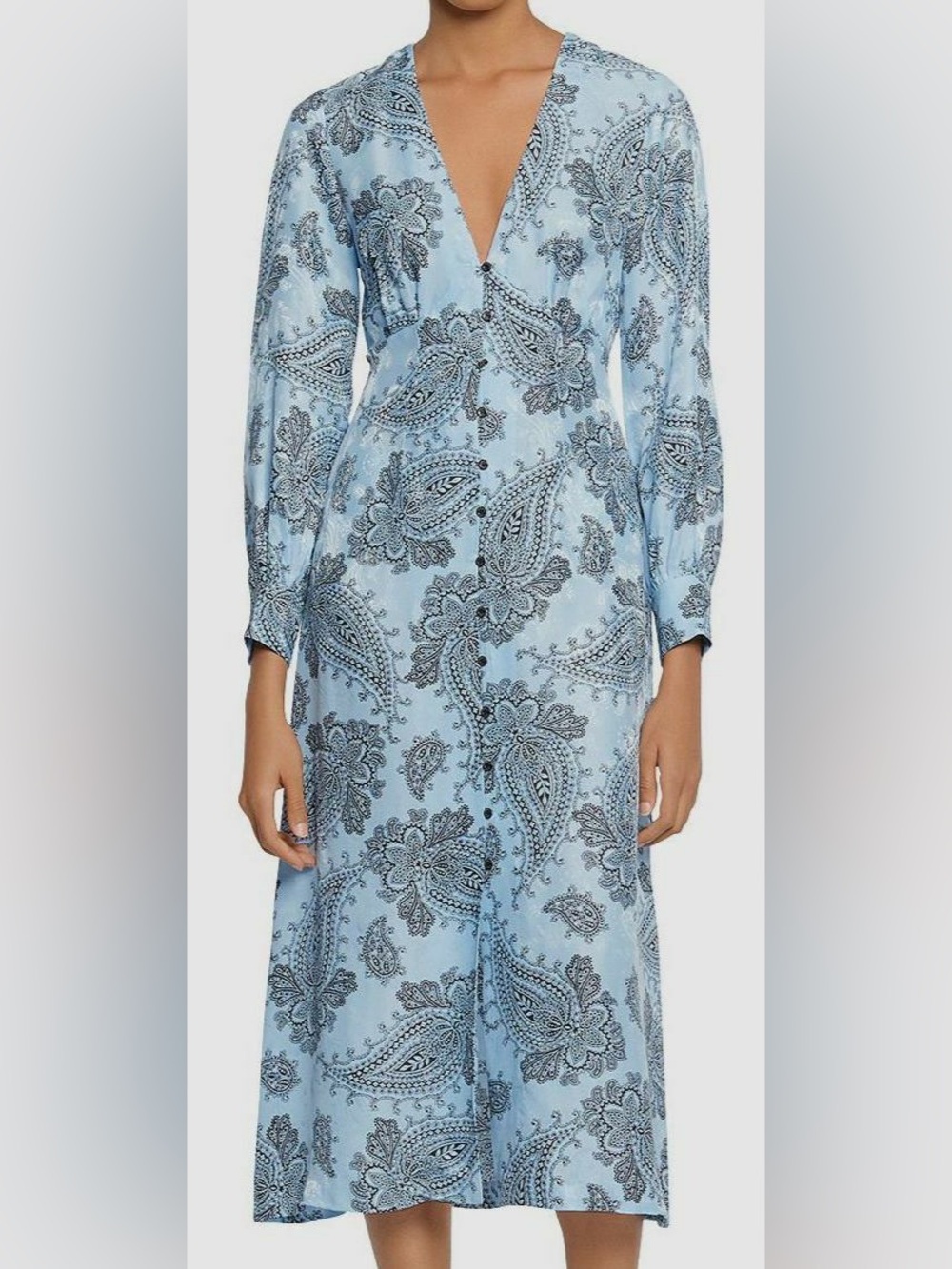 $999 Sandro Women Blue Paisley V-Neck Long Sleeve Midi Silk A-Line Dress 36/US 4